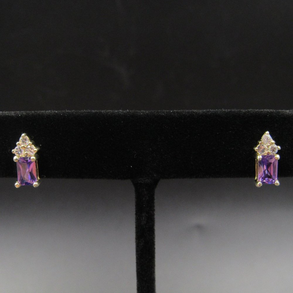 Sterling Silver Gold Plated Rectangle Purple Cz E… - image 1